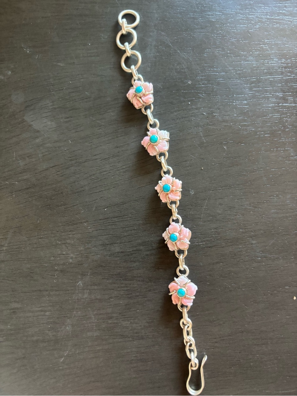 Sterling Silver 925, Carved Pink Conch Shell Flower w/Turquoise Accents Bracelet